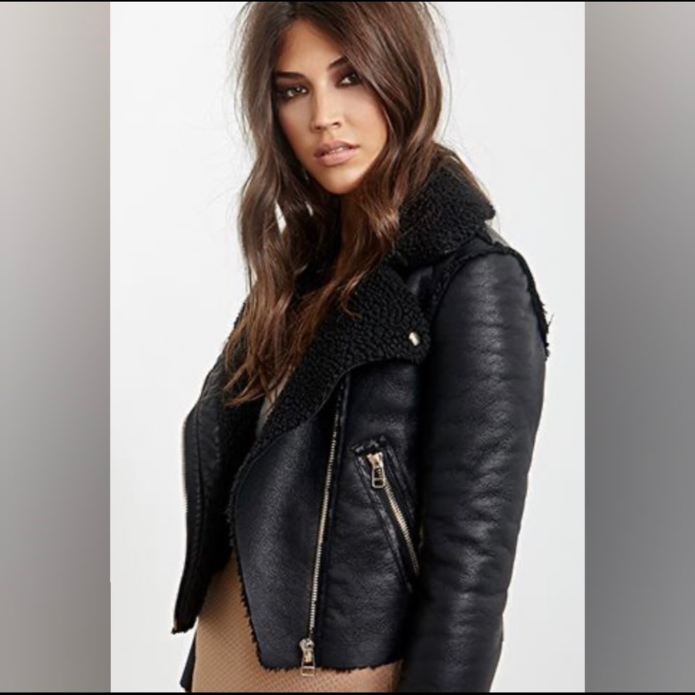 NEW Black Faux Shearling Zippered Moto Jacket (M)